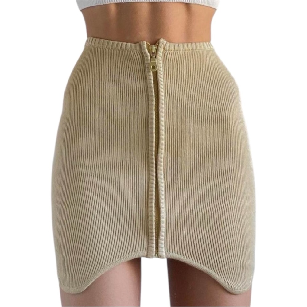 Urban Outfitters - Ribbed Zip Front Mini Skirt in Tan Oatmeal